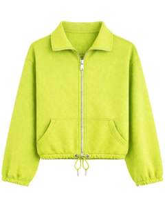 Sweat-shirt court zippé en molleton vert sarcelle pour femme, col polo, poches avant, ourlet à cordon réglable, décontracté, chaud, streetwear - Product Image 1