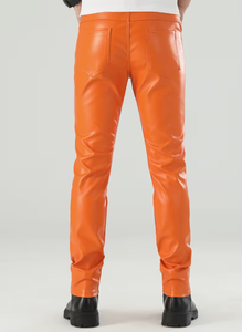 Spezia International Men's Orange PU Coated Straight Fit Casual <b>Trousers</b> <b>Elastic</b> <b>Waist</b> Heavyweight Woven Fabric Winter Style - Product Image 3