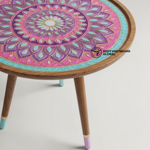 <b>Pink</b> Industrial Meena Pattern Wooden <b>Stool</b> Handcrafted Round Decorative Accent <b>Stool</b> for Apartment Living Room - Product Image 4