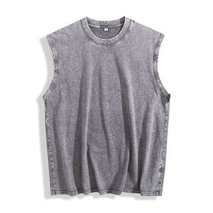 Custom Men's Acid Wash Sleeveless T Shirt Vintage Grey <b>Distressed</b> Tank <b>Top</b> Oversized Muscle Tee Urban Streetwear Brand Apparel - Product Image 1