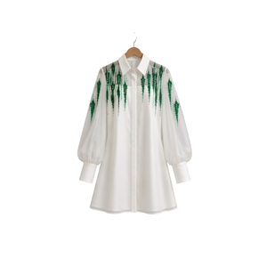 Camisa de Organza Blanca de Manga Larga con Bordado y Mangas Abullonadas para Mujer, Estilo Verano, para Primavera/Verano, Informal - Product Image 1