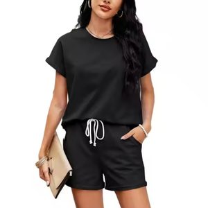 Conjunto de 2 Piezas para Mujer, Pantalones Cortos Morados, Poliéster/Algodón, Cuello Redondo, Manga Corta, Corte Holgado, Color Sólido, Cintura con Cordón, Hasta la Rodilla - Product Image 2