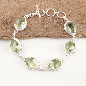 Pulseras de amatista verde natural, plata de ley 925, piedras preciosas, estilo de eslabones, forma de pera, chapadas en plata con engaste de bisel para mujer - Product Image 1