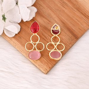 Handmade <b>Red</b> Hydro & Pink Cat'seye Gemstone Brass <b>Drop</b> <b>Earrings</b> Gold Plated Fashion Jewelry for Women - Product Image 5