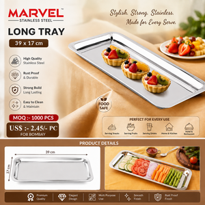 ถาดเสิร์ฟสแตนเลสทรงสี่เหลี่ยมผืนผ้า ผิวกระจก ขนาด 39x17 ซม. เป็นมิตรกับสิ่งแวดล้อม ทนทาน เหมาะสำหรับงานเทศกาลต่างๆ - Product Image 3