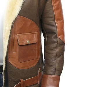 Blouson Aviateur Homme en Cuir Véritable Doublé Sherpa Imperméable Chauffant Respirant avec Bordure en Fourrure Coupe-Vent Style Moto Hiver Ceinturé - Product Image 5
