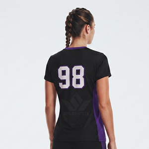 เสื้อวอลเลย์บอลผู้หญิงสีดำม่วงแบบสั่งทำ คอวี แขนสั้น ผ้าโพลีเอสเตอร์ซับเหงื่อ หมายเลข 98 ชุดทีมแบบพอดีตัว - Product Image 2
