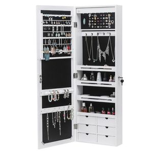 Armadietto a Muro Bianco a 4 Ripiani con 6 Cassetti, 8 Luci LED Blu, Specchio Non Intero, in Legno, per Organizzare e Conservare Gioielli - Product Image 3
