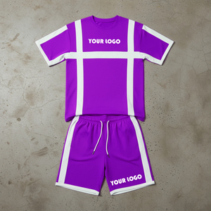 ชุดเสื้อยืดกีฬาและกางเกงขาสั้นผ้าโพลีเอสเตอร์ตาข่ายคุณภาพสูง 180 GSM สีน้ำเงิน-ดำ ตัดต่อสีตัดกัน พิมพ์โลโก้ตามสั่ง สำหรับผู้ชาย - Product Image 6