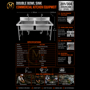 Heavy Duty Double Bowl <b>Sink</b> 0.8mm Thickness Stainless Steel Free Standing Commercial Kitchen Restaurant Washing Basin <b>Unit</b> - Product Image 6