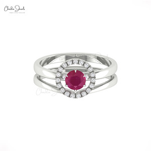 แหวนรับประกันคุณภาพ AAA ประดับทับทิมทรงกลม 5 มม. แหวนสองชั้นทองคำแท้ 14K ประดับเพชรและพลอยแบบฝังเพชรทรงกลม ราคาพิเศษ - Product Image 3