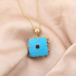 Boho fashioned big blue turquoise <b>black</b> onyx CZ checker cut square <b>pendant</b> <b>necklace</b> adjustable needle layering unisex gold brass - Product Image 3