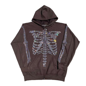 Custom Rhinestone Hoodies Bling Rhinestone Hoodie Design <b>Skeleton</b> Skull <b>Full</b> Zip up Hoodie Wholesale Custom Hoodie - Product Image 6