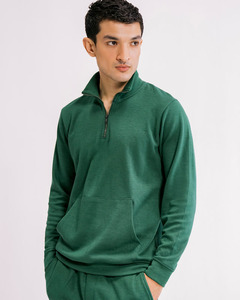 Men's Green Quarter-Zip Fleece Tracksuit Solid Color Casual Winter Wear 100% Cotton <b>Knitted</b> Full Sleeve <b>Set</b> - Product Image 3