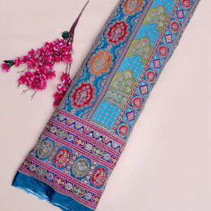 Tela con estampado geométrico azul cielo y borde grueso para diseño de kurti, material para vestidos, tela para ropa étnica. - Product Image 1