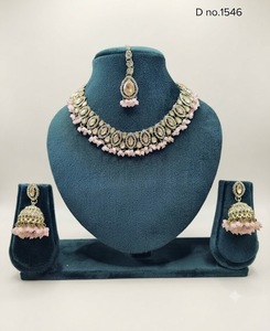 Marquise Cut Stone Studded Antique <b>Gold</b> Plated Necklace <b>Set</b> With Jhumka Earrings And Mang Tika Fashion Jewelry <b>Sets</b> Manufacturer - Product Image 1