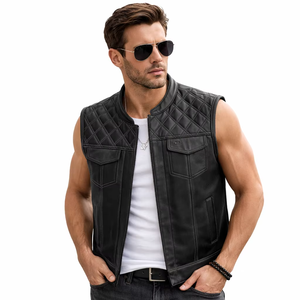 Gilet de motard en cuir et toile avec design réversible, vêtement d'extérieur décontracté et respirant pour l'hiver - Product Image 6