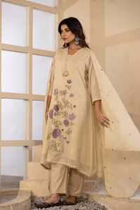 Premium Mul Cotton Beige Embroidered A Line Suit Set <b>Women</b> Ethnic <b>Kurta</b> with Matching Dupatta Boutique Wear - Product Image 5