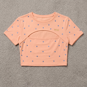 <b>Rhinestone</b> Embellished Cutout <b>Crop</b> <b>Top</b> Half Sleeve Slim Fit women's shirt Custom Logo Boutique Apparel Allover Crystals Detail - Product Image 3