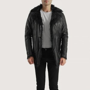 Relevo Industries <b>Men's</b> <b>Black</b> Leather Quilted Jacket Stand Collar <b>Long</b> Sleeve Slim Fit Winter High Street Style Windproof <b>Coat</b> - Product Image 3