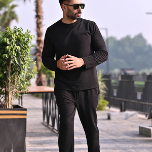 <b>Men</b> Black Solid Hooded Neck Long Sleeve Printed <b>T</b> <b>Shirt</b> and Pants Streetwear Breathable Eco-Friendly Tracksuit Set - Product Image 3