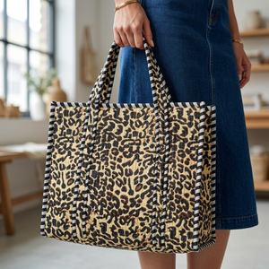 Sac à main matelassé artisanal à motif tigre, sac fourre-tout en tissu 100% coton avec passepoil rayé noir, chef-d'œuvre de haute qualité - Product Image 2