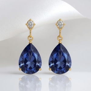 Boucles d'oreilles clous en or massif 14 carats avec tanzanite poire et accent barre de diamants, bijoux fins tendance en platine, OEM - Product Image 2
