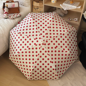 Paraguas de Doble Uso para Sol y Lluvia con Diseño de Lazo, Mango de Madera, Recubrimiento de Pegamento Negro con Puntos Rojos y Blancos, Protección UPF50, Marca OEM - Product Image 5