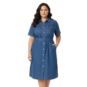 Vestidos Casuales de Talla Grande, Ajustados, Cintura Natural, Ecológicos, de Mezclilla y Algodón, Manga Corta, con Botones al Frente, Largura hasta la Rodilla - Product Image 1