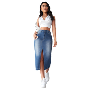 Jupe crayon en jean taille haute longueur mi-mollet avec fente avant pour femme - Product Image 3