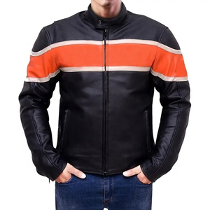 Blouson de moto en cuir PU noir pour homme avec empiècements orange, coupe-vent, style motard, col rabattable, fermeture éclair - Product Image 4