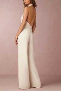 Elegante mono color marfil con cuello halter, espalda descubierta y pierna ancha - Product Image 6