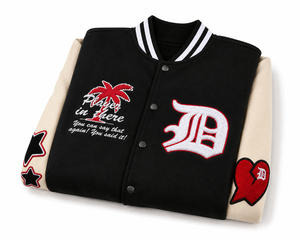 Veste de baseball Varsity pour homme, noire, style bomber, manches contrastées, col et poignets côtelés, boutons pression, logo personnalisé, streetwear - Product Image 4