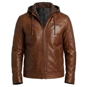 <b>Men's</b> PU Leather <b>Jacket</b> Hooded Motorcycle Slim Fit Casual Coats <b>Men</b> Autumn Winter Windproof Hat Detachable <b>Biker</b> Leather <b>Jacket</b> - Product Image 4