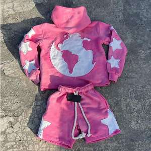 Ensemble de survêtements personnalisés à fermeture éclair, style déchiré, avec patchs et délavage acide, comprenant un sweat à capuche et un pantalon de survêtement, ou un short de survêtement, pour hommes et femmes - Product Image 2