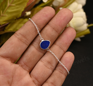 Trendy Natural Lapis Lazuli Gemstone 7x9mm Pear Bezel Solid 925 Silver Rhodium <b>Adjustable</b> Chain Minimalist <b>Bracelet</b> For Women - Product Image 2