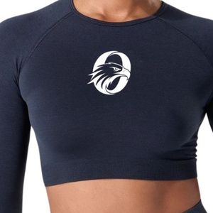 Navy Blue <b>Women's</b> Seamless Long Sleeve Crop <b>Top</b> <b>Compression</b> Gym Shirt Fitness Yoga Workout Activewear Stretch Athletic Training - Product Image 3