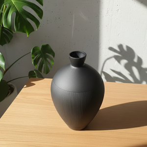Luxury Ribbed <b>Matte</b> Black Metal Flower Vase Elegant Handcrafted Modern Home Decor <b>Table</b> Centerpiece Single Unit Only - Product Image 1