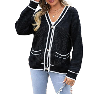 Sorority Custom Black <b>Cardigan</b> <b>White</b> Trim Acrylic <b>Knitted</b> Button Closure Greek Letter Embroidery Full Sleeve Women's Sweaters - Product Image 1