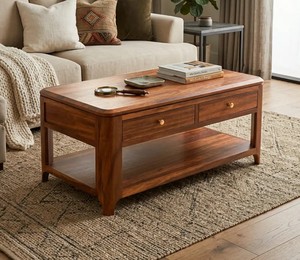 Modern Solid Wood <b>Coffee</b> <b>Table</b> with 2 Drawers | Rounded Edge Center <b>Table</b> | Center <b>Table</b> with Open Bottom Shelf - Product Image 1