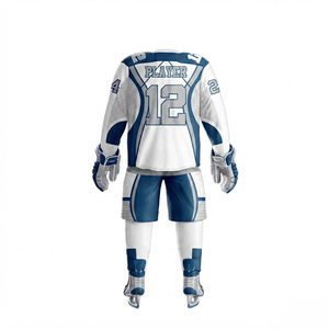 Ensemble d'uniformes de hockey sur glace personnalisés par sublimation pour hommes adultes, maillot et pantalon, manches longues, col en V, maille respirante, blanc et bleu, taille 12 - Product Image 3