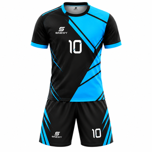 Conjunto de Camiseta de Fútbol Personalizada SINEWY, Diseño Geométrico Negro y Azul, Absorbe la Humedad, Manga Corta, Unisex, Adulto, Todas las Temporadas - Product Image 1