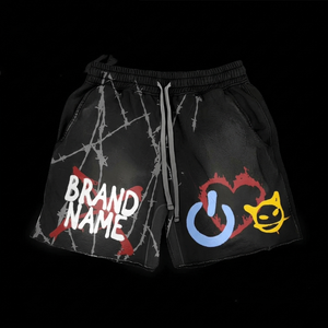 Shorts en coton premium 260 GSM, effet délavé, noir, impression graffiti, logo personnalisé, streetwear, cordon de serrage, coupe ajustée, pour femme - Product Image 1