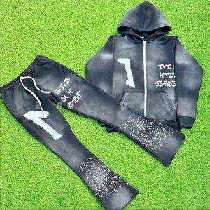 ชุดเซ็ตวินเทจ เสื้อฮู้ดดี้ซิปปักลายแบบดิสเทรสสีซีดจางสไตล์ย้อนยุค กางเกงวอร์มขาบานทรงแฟลร์ - Product Image 6