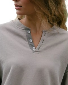 Women's Light Gray Knitted <b>Long</b> <b>Sleeve</b> <b>Henley</b> Sweatshirt Regular Fit Casual Autumn Wear 100% Cotton Breathable Solid Color - Product Image 4