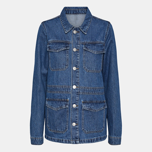 Veste en jean longue extensible sur mesure pour femme, en coton, hiver, unie, délavée, fermeture boutonnée - Product Image 1