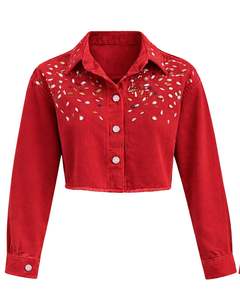 Veste en jean courte rouge personnalisée pour femme avec strass et boutons sur les épaules, manches longues, style streetwear tendance - Product Image 1
