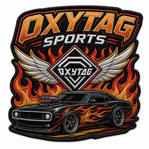 Patch brodé OXYTAG Sports avec motif flamme et voiture, appliqué thermocollant, forme irrégulière, tissu tissé, prix de gros, OEM - Product Image 1