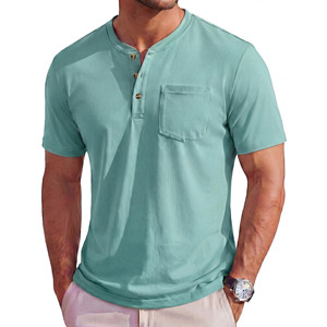 Camisetas de hombre de manga corta, tipo Henley, de color sólido, algodón, corte regular informal, con bolsillo en el pecho, color verde menta, camisetas para hombre - Product Image 3