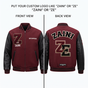 เสื้อแจ็คเก็ตวาร์ซิตี้ ZAINI พรีเมียม 350 GSM ผ้าวูลผสม กันลม คอตั้ง ยูนิเซ็กส์ สีมัสตาร์ดดำ แขนเสื้อตัดสี แต่งลายเชนิลล์ตามสั่ง - Product Image 1
